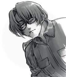 1boy beard_stubble collared_shirt facial_hair glasses gregor_(project_moon) greyscale jacket limbus_company long_sleeves looking_at_viewer low_ponytail monochrome mustache_stubble ponytail project_moon shaded_face shirt simple_background solo stubble suddenly_one_day_(e.g.o) sweat upper_body yatsumeunagi
