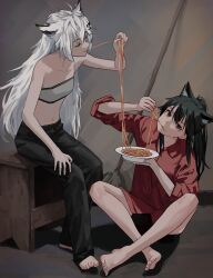 2girls absurdres animal_ear_fluff animal_ears arknights bandeau barefoot black_hair black_pants black_shorts breasts broom closed_eyes crossed_legs eating extra_ears food grey_hair hair_between_eyes hair_ornament hairclip highres lappland_(arknights) long_hair looking_at_viewer midriff multiple_girls on_floor pants pasta ponytail red_eyes red_shirt scar scar_across_eye scar_on_face shirt shorts simple_background small_breasts spaghetti texas_(arknights) wolf_ears wolf_girl wooden_stool wuschelminityp