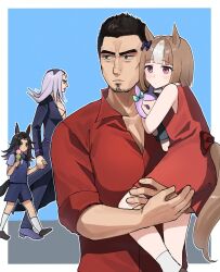2boys 2girls aged_down chisanchisyo3 fenomeno_(umamusume) gold_ship_(umamusume) highres jojo_no_kimyou_na_bouken kiryu_kazuma leone_abbacchio mejiro_mcqueen_(umamusume) multiple_boys multiple_girls picture_frame red_eyes red_shirt ryuu_ga_gotoku_(series) shirt umamusume vento_aureo