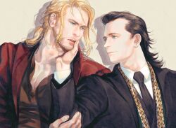 2boys beard black_hair black_jacket black_necktie black_vest blonde_hair blue_eyes brothers brown_shirt closed_mouth collarbone collared_shirt commentary english_commentary facial_hair fingernails green_eyes hand_on_another&#039;s_face hand_up jacket juneseo lapels loki_(marvel) long_hair long_sleeves looking_at_another low_ponytail male_focus marvel marvel_cinematic_universe medium_hair multiple_boys necktie open_clothes open_jacket ponytail red_jacket shadow shirt siblings sidelocks simple_background smile suit_jacket teeth thor_(marvel) upper_body vest white_background white_shirt