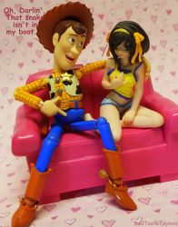1boy 1girl absurdres arm_around_shoulder bare_arms bare_shoulders barefoot belt belt_buckle boots buckle couch cowboy cowboy_boots cowboy_western creepy crossover disney dutch_angle frilled_panties frills full_body hair_ribbon hairband heart highres looking_at_another midriff navel on_couch panties photo_(medium) pixar plaid_clothes plaid_shirt pointing revoltech ribbon sheriff sheriff_woody shirt sitting spurs suzumiya_haruhi suzumiya_haruhi_no_yuuutsu tank_top text_focus third-party_edit toy toy_story underwear western yellow_hairband yellow_ribbon yellow_shirt yokozuwari