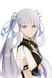 1girl ayoungart black_collar bow breasts closed_mouth collar colored_eyelashes commentary from_side hair_bow highres jinhsi_(wuthering_waves) long_hair looking_at_viewer low_twintails mole mole_under_eye multiple_hair_bows simple_background small_breasts solo twintails two_side_up upper_body white_background white_bow white_eyelashes white_eyes white_hair wuthering_waves