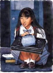 Rule 34 | 1girl, bag, black hair, book, bow, bowtie, brown eyes, brown footwear, kanai kiyoaki, lipstick, long hair, looking at viewer, makeup, pleated skirt, red ribbon, ribbon, school bag, school uniform, shirt, skirt, socks, traditional media, white socks
