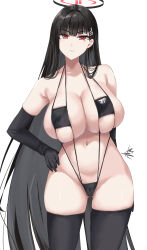 Rule 34 | 1girl, bikini, black gloves, black hair, black slingshot swimsuit, black thighhighs, blue archive, breasts, curvy, deep skin, elbow gloves, facing viewer, gloves, hair ornament, hairclip, halo, highres, huge breasts, ibara azuki, long hair, looking at viewer, narrow waist, navel, red eyes, revealing clothes, rio (blue archive), signature, simple background, skindentation, slingshot swimsuit, solo, swimsuit, thick thighs, thighhighs, thighs, tilted head, undersized breast cup, undersized clothes, white background