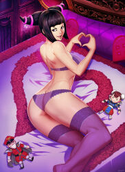 1girl alternate_costume ass back bed bed_sheet bedroom black_hair bra butt_crack capcom chun-li evil_smile fangs female_pervert flower genzoman han_juri heart heart_hands highres looking_at_viewer looking_back m._bison on_bed open_mouth pervert pillow presenting purple_bra purple_eyes purple_thighhighs rose smile street_fighter thighhighs toy underwear