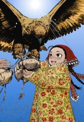 1girl animal bird blue_sky blush braid braided_twintails brown_eyes brown_gloves brown_hair coat colorized cowboy_shot eagle flying fur-trimmed_coat fur_coat fur_trim gloves golden_eagle hat highres kazakh_clothes kazakhstan long_hair lookafar looking_at_another low_twintails mori_kaoru open_mouth otoyomegatari red_hat sky smile standing sun sunlight teeth tileke twin_braids twintails uzbek_clothes