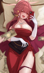 1girl 1other @_@ absurdres aru_(blue_archive) aru_(dress)_(blue_archive) banknote blue_archive blurry blurry_foreground blush breasts cellphone cleavage commentary demon_horns depth_of_field dress earrings fang glint gloves halo highres holding holding_money holding_phone horns jacket jewelry kiyoi_(gyhw8444) large_breasts lying money necklace official_alternate_costume on_back phone pov pov_hands red_dress red_jacket skin_fang smile sparkle strapless strapless_dress sweatdrop white_gloves