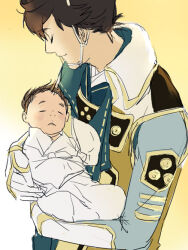 Rule 34 | baby, brown hair, carrying baby, carrying person, closed eyes, father and son, hat, high collar, japanese clothes, mouri motonari, sengoku musou, sleeping, smile