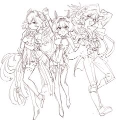 1boy 2girls :d arm_under_breasts arm_up bare_shoulders body_markings boots braid brant_(wuthering_waves) breasts changli_(wuthering_waves) cleavage clenched_hands collar commentary_request dress earrings greyscale hair_extensions hair_ornament hairband hat hat_feather headgear jacket jewelry looking_at_viewer lupa_(wuthering_waves) medium_breasts monochrome multiple_girls open_clothes open_mouth open_shirt pants ring_hair_extensions sbs shoes simple_background sketch smile tacet_mark_(wuthering_waves) thigh_boots thigh_strap thighhighs tricorne twin_braids white_background wuthering_waves