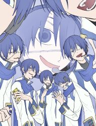 1boy black_headphones black_shirt blue_eyes blue_hair blue_nails blue_scarf blush cellphone coat empty_eyes eyepatch headphones headset highres holding holding_phone kaito_(vocaloid) long_scarf looking_at_viewer medical_eyepatch monitoring_(vocaloid) multiple_views open_mouth phone plzdom_c scarf shirt short_hair smile sweatdrop teeth trench_coat turtleneck vocaloid white_coat
