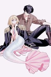1boy 1girl aristocratic_clothes bandage_on_cheek black_hair black_jacket black_pants blonde_hair blue_eyes boots borrowed_clothes breasts brown_boots brown_shirt collared_shirt commission eyepatch grey_tail highres jacket knee_boots knee_up looking_at_another medium_breasts mermaid monster_girl naked_jacket nanoka_san original pants parted_lips shirt short_hair simple_background sitting sleeves_rolled_up white_background