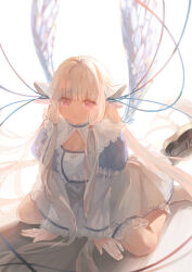 1girl 58_(scbaby) absurdres all_fours angel_wings backlighting blonde_hair blunt_bangs blurry cable chii chobits cleavage_cutout clothing_cutout depth_of_field doily dress feathered_wings fingernails frilled_dress frills full_body hair_spread_out hair_tubes highres kneeling lolita_fashion long_hair long_sleeves looking_at_viewer parted_lips petticoat pink_eyes puffy_long_sleeves puffy_sleeves red_eyes robot_ears sitting socks solo sweet_lolita very_long_hair white_wings wide_sleeves wings