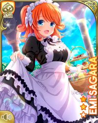 1girl :d apron black_dress black_neckwear blue_eyes bow breasts character_name clothes_lift collared_dress day dress dress_lift girlfriend_(kari) hair_bow lifting_own_clothes long_sleeves looking_at_viewer maid maid_apron maid_headdress mansion medium_hair official_art open_mouth orange_hair outdoors qp:flapper ribbon sagara_emi sky smile solo standing tagme two_side_up white_apron white_bow