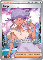 1girl artist_name bright_pupils card_(medium) character_name company_name copyright_name copyright_notice dark-skinned_female dark_skin dress earrings english_text jewelry lipstick makeup nintendo official_art orange_eyes pink_lips pokemon pokemon_card pokemon_sv pokemon_tcg purple_hair saitou_naoki short_hair short_sleeves smile solo sparkle third-party_source trading_card tulip_(pokemon) white_dress white_pupils