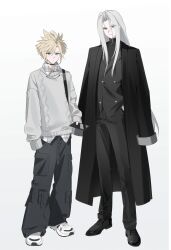 Rule 34 | 2boys, absurdres, black jacket, blonde hair, blue eyes, cellphone, choker, cloud strife, final fantasy, final fantasy vii, full body, green eyes, grey hair, highres, holding, holding phone, jacket, kiliko-san, long hair, male focus, multiple boys, phone, sephiroth, shoes, short hair, slit pupils, smartphone, sneakers, spiked hair, standing