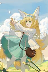 1girl absurdres animal_ear_fluff animal_ears arknights bag blonde_hair brown_bag cardigan fox_ears fox_girl green_eyes green_skirt hairband high-waist_skirt highres holding holding_bag multiple_tails official_alternate_costume official_alternate_hairstyle open_mouth pantyhose red_ribbon ribbon shirt skirt solo suzuran_(arknights) suzuran_(spring_praise)_(arknights) tail teeth upper_teeth_only white_cardigan white_hairband white_pantyhose white_shirt wolf_zzzzz