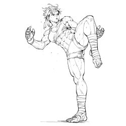 1girl abs fingerless_gloves foot_wraps gloves greyscale highres kasugano_sakura kickboxing looking_to_the_side monochrome muay_thai muscular muscular_female rheepic short_hair shorts solo street_fighter sweat