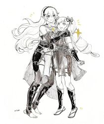 2girls :d affectionate closed_mouth female_corrin_(fire_emblem) female_corrin_(ninja)_(fire_emblem) drill_hair elise_(fire_emblem) elise_(ninja)_(fire_emblem) fingerless_gloves fire_emblem fire_emblem_fates fire_emblem_heroes gloves greyscale hair_between_eyes hairband hashtag-only_commentary highres hug long_hair monochrome multiple_girls nearlydusk nintendo notice_lines official_alternate_costume open_mouth sandals simple_background smile sparkle spot_color standing stirrup_legwear toeless_legwear toes twin_drills wavy_hair white_background zouri