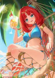 1girl alternate_costume aqua_eyes bikini blue_bikini blue_flower blue_nails blush breasts circlet cleavage commentary cup day drinking_glass fingernails flower foot_out_of_frame genshin_impact hair_flower hair_ornament hand_up highres holding holding_cup long_hair looking_at_viewer medium_breasts nail_polish nilou_(genshin_impact) open_mouth outdoors palm_tree pattikou red_hair solo sunlight swimsuit teeth toes tree upper_teeth_only very_long_hair wine_glass