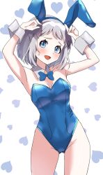 1girl absurdres animal_ears arms_up bare_shoulders blue_bow blue_bowtie blue_eyes blue_hairband blue_leotard blush bow bowtie breasts clip_studio_paint_(medium) collar commentary_request detached_collar fake_animal_ears gakuen_idolmaster gluteal_fold grey_collar grey_hair groin hairband heart heart_background highres honorikiti idolmaster katsuragi_lilja leotard looking_at_viewer medium_breasts open_mouth playboy_bunny rabbit_ears small_sweatdrop solo strapless strapless_leotard sweat white_background wrist_cuffs