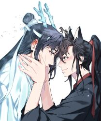 Rule 34 | 2boys, ahoge, animal ears, black eyes, black hair, black hanfu, blush, chinese clothes, closed mouth, couple, dragon boy, eastern dragon horns, extra ears, eye contact, face-to-face, fang, fox boy, fox ears, from side, hair ribbon, hands on another&#039;s face, hanfu, headband, highres, horns, jujeop, kemonomimi mode, korean commentary, korean text, lan wangji, long hair, long sleeves, looking at another, male focus, modao zushi, multiple boys, ponytail, profile, red ribbon, ribbon, robe, sidelocks, simple background, skin fang, smile, topknot, upper body, water drop, wei wuxian, white background, white hanfu, white headband, wide sleeves, xiao guan (headdress), yaoi, yellow eyes