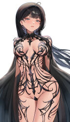 1girl ahoge artist_name black_cape black_dress black_hair blush breasts cape chronopattern_dress closed_mouth commentary cowboy_shot dress ear_piercing earrings facial_mark grey_eyes groin heart heart_facial_mark highres jewelry large_breasts long_hair looking_at_viewer mark_under_eye nabi_(wonnikon) original piercing revealing_clothes solo standing symbol-only_commentary very_long_hair white_background wonnikon
