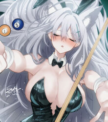 1girl animal_ear_fluff animal_ears ball billiard_ball black_choker blue_archive bow bowtie breasts choker closed_eyes cross_hair_ornament cue_stick detached_collar extra_ears fake_animal_ears grey_hair hair_ornament kaji_zarame leotard long_hair outstretched_arms playboy_bunny pool_table rabbit_ears shiroko_(blue_archive) shiroko_terror_(blue_archive) solo strapless strapless_leotard table taihou_(azur_lane) taihou_(fun_on_the_baize)_(azur_lane) very_long_hair wolf_ears wolf_girl