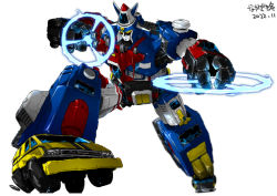 2022 car dairugger_xv_(mecha) energy_weapon frown glowing glowing_eyes holding kikou_kantai_dairugger_xv looking_down mecha motor_vehicle nakazaki_tou no_humans robot solo super_robot wheel white_background yellow_eyes