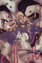 Rule 34 | 1girl, 2others, absurdres, black background, blonde hair, breasts, cleavage, colored sclera, dark-skinned female, dark skin, dot nose, dress, eyelashes, female focus, highres, holding, holding sword, holding weapon, itou ittousai (sengoku bushouki muramasa), katana, large breasts, long hair, looking at viewer, midriff, miyuu (irai uketsuke), monster, multiple others, ofuda, pink rope, purple eyes, red sclera, rope, sengoku bushouki muramasa, shiny skin, smile, snake, sword, weapon, white footwear, white snake