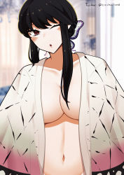 Rule 34 | 1girl, absurdres, artist request, black hair, blush, breasts, cleavage, cosplay, head tilt, highres, kaichu land, kimetsu no yaiba, kochou shinobu, kochou shinobu (cosplay), long hair, looking at viewer, one eye closed, red eyes, solo, spy x family, yor briar