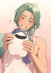 1boy :d arms_up gradient_background green_eyes green_hair grin happy head_tilt heart holding holding_stuffed_toy incoming_gift looking_at_viewer low_ponytail male_focus open_mouth our_life:_beginnings_and_always ponytail ryuuieu smile solo stuffed_toy swept_bangs tanktop_master tattoo tattoo_sleeve upper_body