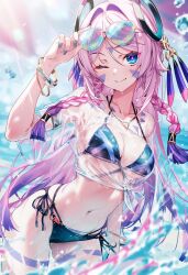 1girl blue_eyes braid breasts citlali_(genshin_impact) day facial_mark feather_hair_ornament fingernails genshin_impact gradient_hair hair_ornament highres large_breasts long_hair multicolored_hair nails navel ocean one_eye_closed pink_hair pink_pupils purple_hair raaivault see-through_clothes see-through_shirt sharp_fingernails shirt smile sunglasses sunglasses_on_head swimsuit water wet wet_clothes wet_shirt
