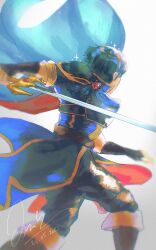 Rule 34 | 1boy, armor, belt, black gloves, black pants, blue cape, blue hair, blue tunic, blurry, blurry background, boots, breastplate, brown belt, brown boots, cape, dated, elbow gloves, facing away, feet out of frame, fingerless gloves, fire emblem, fire emblem: mystery of the emblem, floating cape, foreshortening, from behind, gem, gloves, highres, holding, holding sword, holding weapon, knee boots, male focus, marth (fire emblem), melia art, nintendo, pants, red cape, red gemstone, short hair, shoulder armor, signature, solo, sparkle, swinging weapon, sword, tiara, tunic, two-sided cape, two-sided fabric, weapon