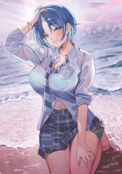1girl bare_legs barefoot beach blue_bra blue_eyes blue_hair bra bra_visible_through_clothes bracelet breasts cover cover_page dusk dutch_angle earrings hair_ornament hairclip hand_on_own_head hand_on_own_thigh highres hoop_earrings jewelry kanojo_wo_ubatta_ikemen_bishoujo_ga_nazeka_ore_made_neratte_kuru kneeling large_breasts light_smile mizushima_shizuno navel necktie novel_cover ocean official_art parted_bangs partially_unbuttoned plaid_clothes plaid_skirt sanada_keisui second-party_source see-through_clothes see-through_shirt seiza shirt shore short_hair sitting skirt sleeves_rolled_up solo sparkle underwear undone_necktie waves wet wet_clothes wet_shirt white_shirt