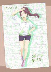 1girl alt_text arm_up bike_shorts black_shorts border brown_border brown_hair character_name closed_mouth collarbone commentary_request copyright_name drop_shadow floating_hair full_body goto_akira green_background green_eyes hand_on_own_hip highres ikizulive!_love_live!_bluebird jacket long_hair looking_at_viewer love_live! matsurugi_tsukasa pink_shoes ponytail shirt shoes short_sleeves shorts sidelocks sleeves_pushed_up smile solo split_mouth white_jacket white_shirt