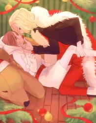 1boy 1girl brown_eyes brown_hair couple eating_strawberries face-framing_short_strand highres holding_strawberries knees_together_feet_apart loose_hair_strand m15391599 parted_bangs round_eyes sano_manjirou santa_costume smile tokyo_revengers