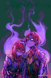 1boy 1girl aura braid crossed_bangs crown_braid dark_aura dark_persona female_alear_(fell_dragon)_(fire_emblem) female_alear_(fire_emblem) female_alear_(red_days_past)_(fire_emblem) fire_emblem fire_emblem_engage fire_emblem_heroes hair_between_eyes highres long_hair looking_at_viewer male_alear_(fell_dragon)_(fire_emblem) male_alear_(fell_dragon_child)_(fire_emblem) male_alear_(fire_emblem) maleficauraa nintendo official_alternate_color official_alternate_eye_color official_alternate_hair_color purple_aura red_eyes red_hair tiara