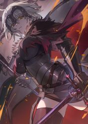 Rule 34 | 1girl, ahoge, armor, armored dress, black thighhighs, breasts, cape, commentary request, dress, fate/grand order, fate (series), flag, fur-trimmed cape, fur trim, gauntlets, grey hair, hair between eyes, headpiece, highres, holding, holding flag, holding sword, holding weapon, jeanne d&#039;arc alter (avenger) (fate), jeanne d&#039;arc alter (fate), la grondement du haine, large breasts, looking at viewer, parted lips, solo, sword, thighhighs, torn clothes, tsugutoku, weapon, yellow eyes