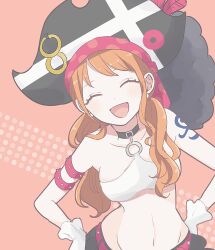 Rule 34 | 1girl, arm strap, bare shoulders, belt, black choker, black skirt, blush, blush stickers, breasts, choker, closed eyes, collarbone, commentary request, crop top, earrings, facing viewer, gloves, hands on own hips, hat, highres, jewelry, long hair, low twintails, medium breasts, midriff, nami (one piece), navel, official alternate costume, official alternate hairstyle, one piece, one piece film: red, open mouth, orange hair, pearl earrings, pirate hat, shinogo no, shoulder tattoo, single sidelock, skirt, smile, solo, strapless, tattoo, tube top, twintails, upper body, wavy hair, white gloves, white tube top