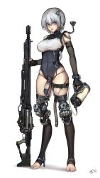 Rule 34 | 1futa, absurdres, amputee, bare shoulders, black gloves, blue eyes, blue leotard, blue nails, breasts, catheter, chain, commentary, covered navel, cyborg, double amputee, elbow gloves, fingerless gloves, full body, futanari, gloves, gun, hair between eyes, highleg, highres, holding, holding gun, holding weapon, iuui, large breasts, leotard, looking at viewer, nail polish, open mouth, original, prosthesis, prosthetic leg, scar, short hair, simple background, skindentation, solo, standing, stirrup legwear, stitches, symbol-only commentary, teeth, thigh strap, toeless legwear, toes, upper teeth only, variant set, weapon, white background, white hair