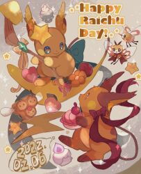 Rule 34 | alolan form, alolan raichu, animal focus, bee, berry (pokemon), blue sclera, bow, brown fur, bug, colored sclera, combee, cutiefly, dated, food, fork, fruit, gem, gen 1 pokemon, gen 4 pokemon, gen 5 pokemon, gen 7 pokemon, green bow, green gemstone, grey background, heart, highres, holding, holding fork, insect, insect wings, litwick, looking at another, mouse (animal), nintendo, no humans, orange fur, pecha berry, pokemon, pokemon (creature), raichu, raichu day, red ribbon, ribbon, ribombee, smile, sparkle, star (symbol), strawberry, sukinadake, two-tone fur, vanillite, white eyes, wings, yellow fur