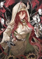 1girl absurdres arknights armored_gloves ascalon_(arknights) ascalon_(phototaxis)_(arknights) belt black_belt breasts cape capelet cowboy_shot demon_girl demon_horns dress flower frilled_sleeves frills green_cape hair_between_eyes hand_up highres holding holding_sword holding_weapon hood hooded_cape horns laoshi_wo_hao_e large_breasts long_hair long_sidelocks long_sleeves looking_at_viewer official_alternate_costume orange_eyes parted_lips red_hair sidelocks solo sunflower sword taut_clothes taut_dress two-tone_cape very_long_hair very_long_sidelocks weapon white_cape white_capelet white_dress white_horns wide_sleeves