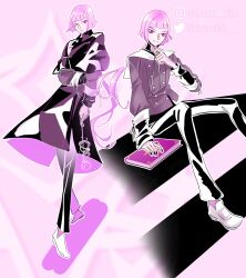 Rule 34 | 1boy, bad id, bad twitter id, black coat, black nails, black pants, black ribbon, book, buttons, casting spell, chocofish, closed mouth, coat, collared coat, colored shadow, commentary, english commentary, expressionless, eyelashes, grey jacket, grey shirt, high collar, highres, holding, holding book, holding wand, instagram username, jacket, long hair, long sleeves, low ponytail, magic, male focus, multiple views, nail polish, original, outline, pants, pink background, pink hair, ponytail, puffy long sleeves, puffy sleeves, red eyes, ribbon, sailor collar, shadow, shirt, shoes, short hair, sleeve cuffs, sleeve ribbon, twitter username, very long hair, wand, watermark, wavy hair, white outline, white sailor collar, white shoes, winx club