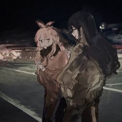 2girls aikatsu! aikatsu!_(series) bad_id bad_twitter_id black_hair blonde_hair brown_jacket closed_eyes cowboy_shot highres hoshimiya_ichigo inactive_account jacket kiriya_aoi long_hair long_sleeves looking_at_another multiple_girls night night_sky open_mouth outdoors pants road sky smile standing street suiso_(owp)