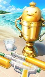 beach bird blue_background blue_sky cloud commentary crown cup day drinking_glass fate/grand_order fate_(series) ice ice_cube lasengle nature no_humans object_focus ocean official_art outdoors penguin sand sky still_life trophy water water_gun