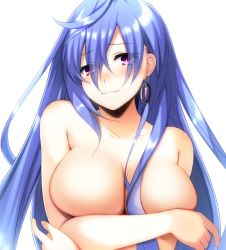 1girl blue_hair blush breasts covering_breasts covering_privates doria_(p_f_dolia) earrings female_focus iris_heart jewelry kami_jigen_game_neptune_v large_breasts long_hair looking_at_viewer neptune_(series) nude purple_eyes simple_background slave smile solo upper_body very_long_hair white_background