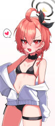 1girl ahoge bikini black_bikini blue_archive blush braid breasts collarbone earrings halo heart highres jacket jewelry long_sleeves looking_at_viewer mole mole_under_each_eye mole_under_eye multiple_moles navel neru_(blue_archive) open_mouth orange_hair partially_unzipped red_eyes short_hair simple_background single_braid small_breasts solo spoken_heart standing stomach stud_earrings swimsuit thigh_strap white_background white_jacket ximgyeon