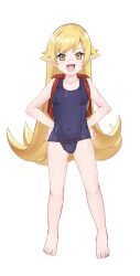 1girl backpack bag bare_legs bare_shoulders barefoot blonde_hair blue_one-piece_swimsuit breasts cameltoe covered_navel eyebrows_hidden_by_hair eyelashes fang female_focus full_body hands_on_own_hips loli looking_at_viewer matching_hair/eyes meemz_a monogatari_(series) one-piece_swimsuit open_mouth oshino_shinobu pointy_ears randoseru school_swimsuit simple_background skin_fang small_breasts smile smug solo standing swimsuit vampire variant_set white_background yellow_eyes
