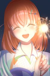 Rule 34 | 1girl, :d, ^ ^, absurdres, blue background, blue dress, blush, closed eyes, collared dress, commentary, dark background, dress, facing viewer, fireworks, genyo yako, hair ornament, hairclip, highres, hinoshita kaho, holding, holding fireworks, light particles, link! like! love live!, love live!, medium hair, miyavi (myv dr), official alternate costume, open mouth, smile, solo, sparkler, symbol-only commentary, teeth, two side up, upper teeth only, virtual youtuber