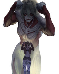 Rule 34 | 2girls, annie leonhart, blonde hair, blue eyes, brown jacket, clenched hands, closed mouth, cowboy shot, exposed muscle, female titan, fighting stance, highres, jacket, long sleeves, looking at viewer, multiple girls, pants, shingeki no kyojin, shirt, short hair, simple background, spoilers, standing, titan (shingeki no kyojin), white background, white pants, white shirt, zirwoissa